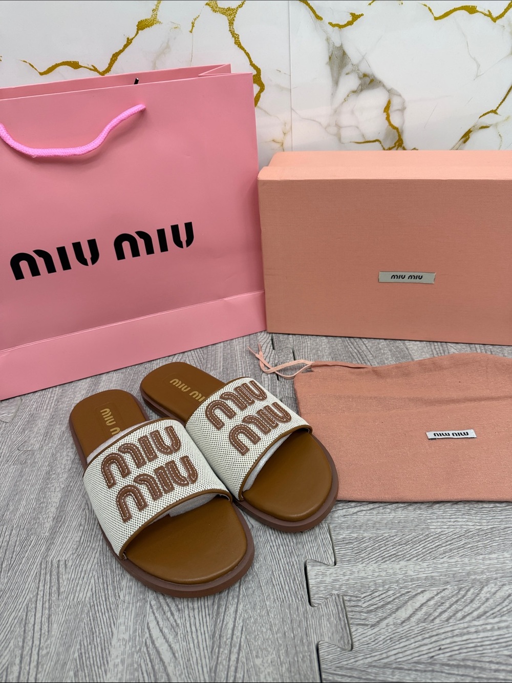 Miu Miu Cream & Brown Logo-Embroidered Slide Sandals